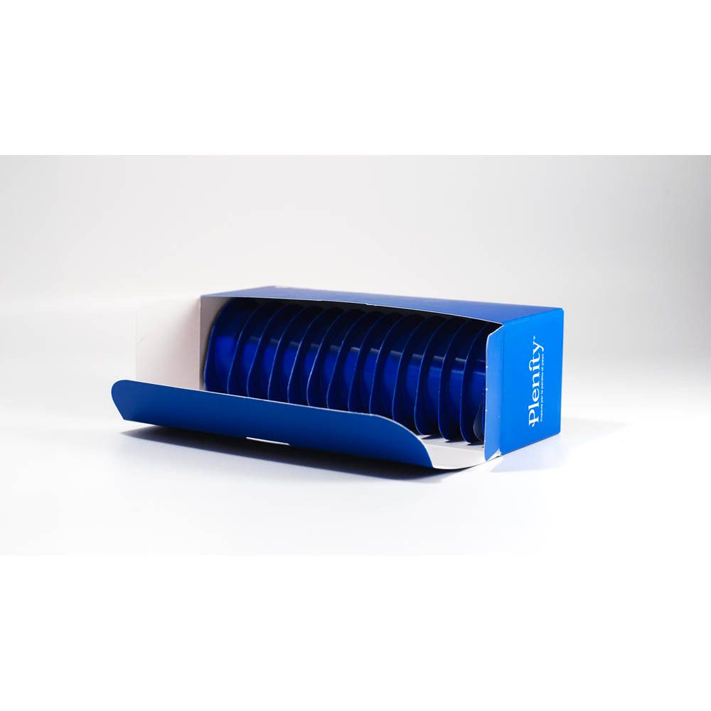 Scatola blu aperta con sigilli rotondi blu. Logo Plenity sulla scatola.