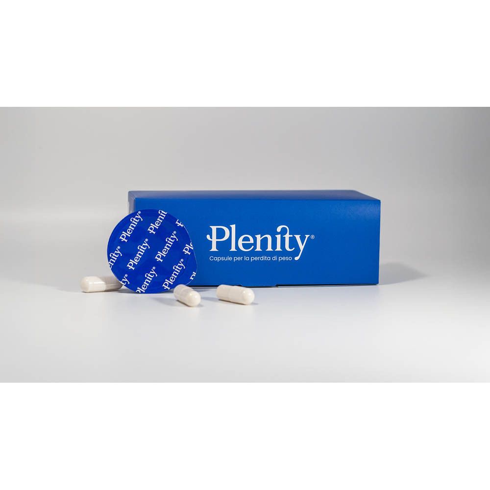 Scatola blu con logo Plenity e testo. Capsule e un sigillo rotondo sono accanto.