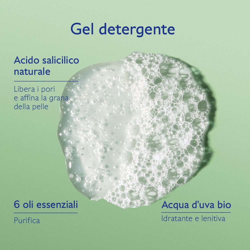 Schiuma con testo: Gel detergente, Acido salicilico naturale, 6 oli essenziali, Acqua d'uva bio.