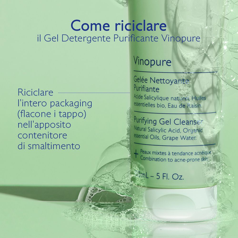 Tubo con schiuma. Testo: Come riciclare il Gel Detergente Purificante Vinopure.