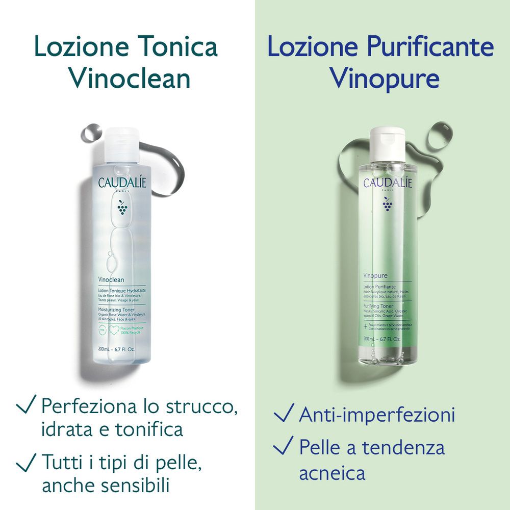 Confronto tra le lozioni Caudalie Vinoclean e Caudalie Vinopure.