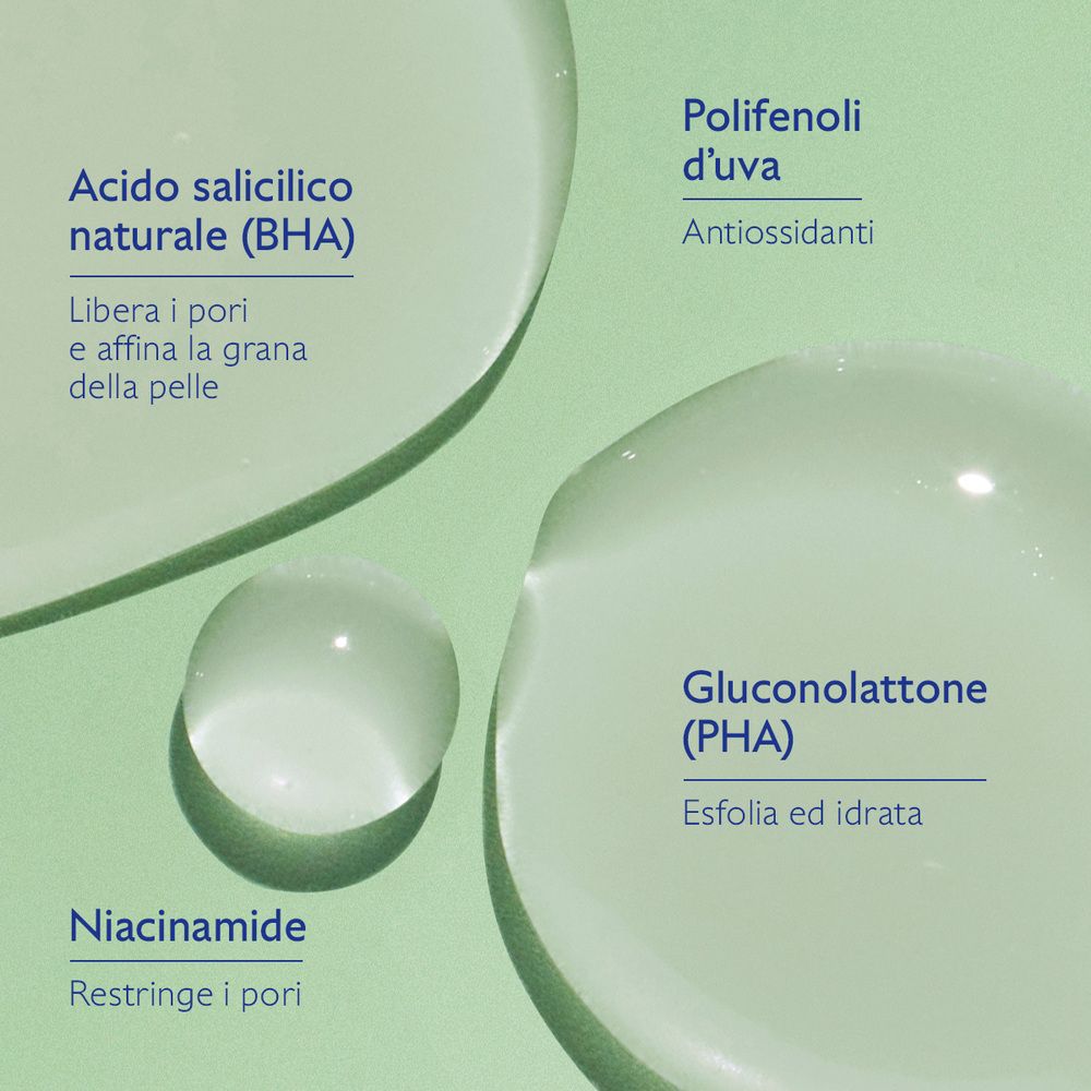 Primo piano degli ingredienti: acido salicilico, polifenoli d'uva, gluconolattone, niacinamide. Testo in italiano.