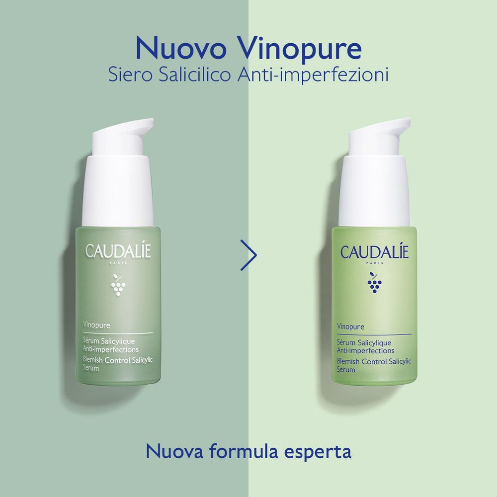 Due flaconi verdi con erogatore bianco. Testo: Caudalie, Vinopure, Sérum Salicylique Anti-imperfections.