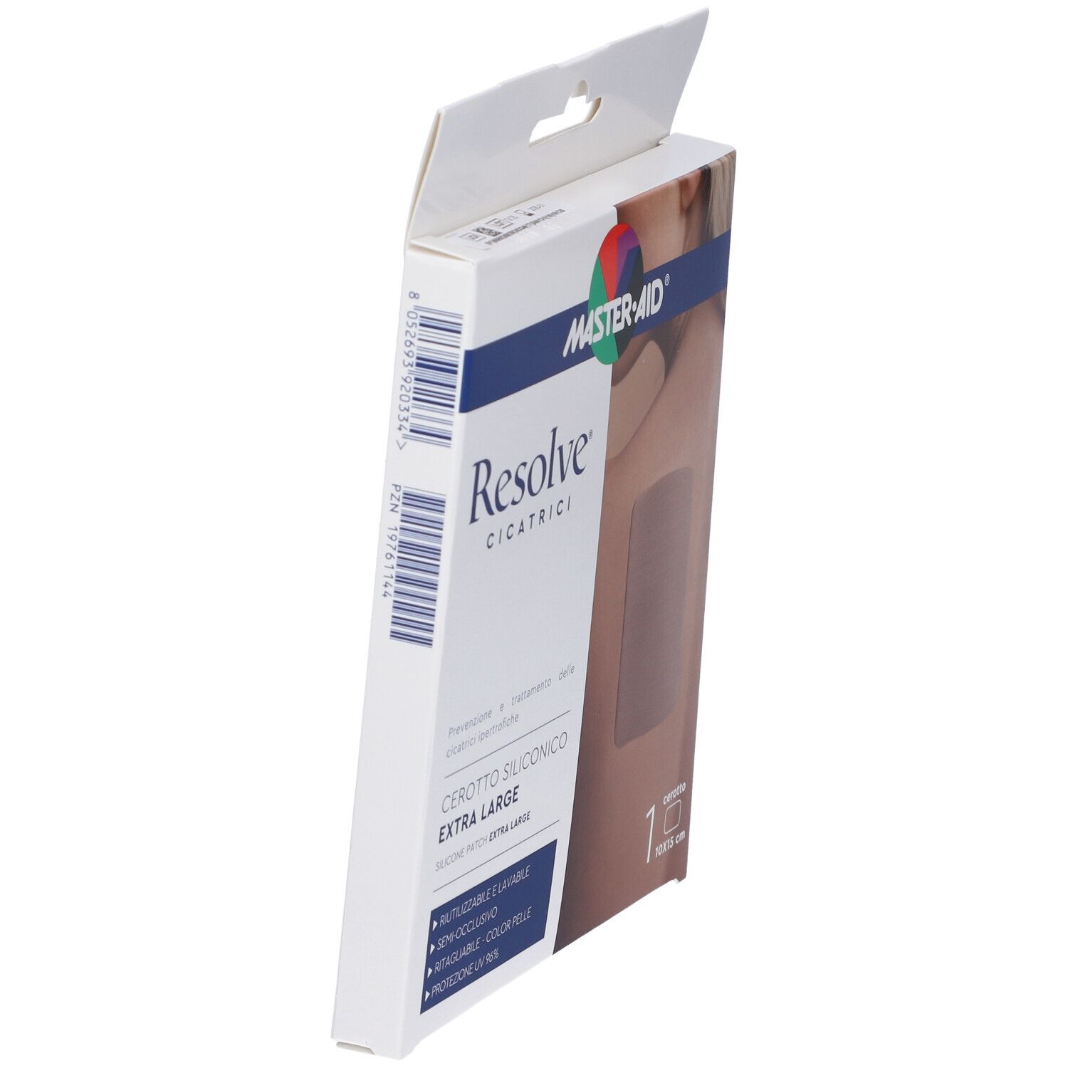 Vista laterale della confezione Master-Aid Resolve. Testo: Resolve, Extra Large, Cerotto siliconico. Con codice a barre.