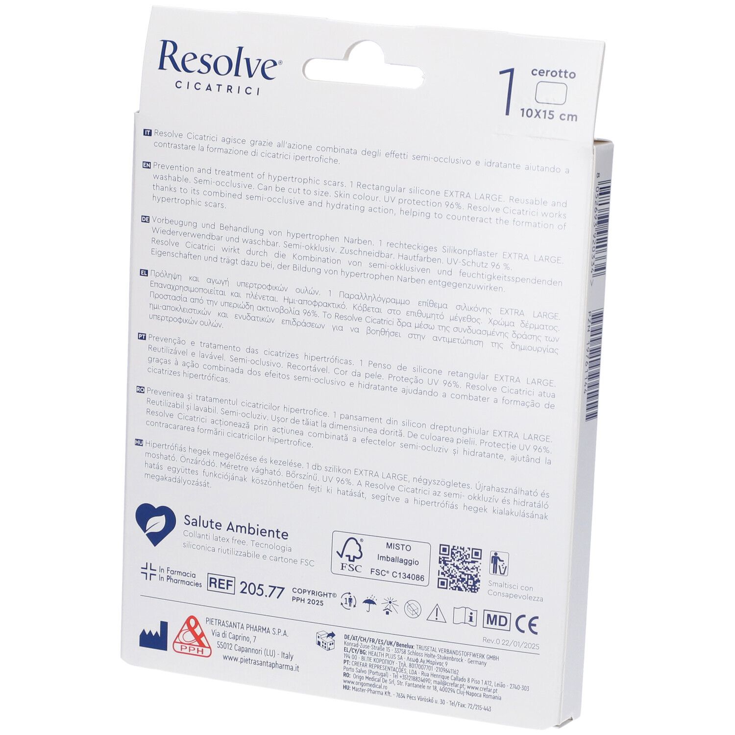 Retro della confezione Master-Aid Resolve. Testo: Resolve, 10x15 cm. Informazioni in più lingue.