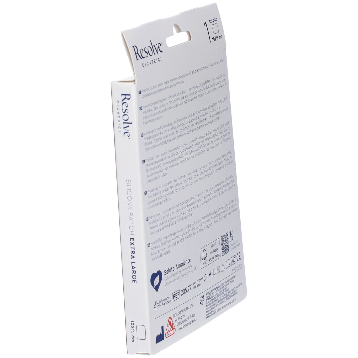 Vista laterale della confezione Master-Aid Resolve. Testo: Resolve, Extra Large, 10x15 cm. Testo multilingue.