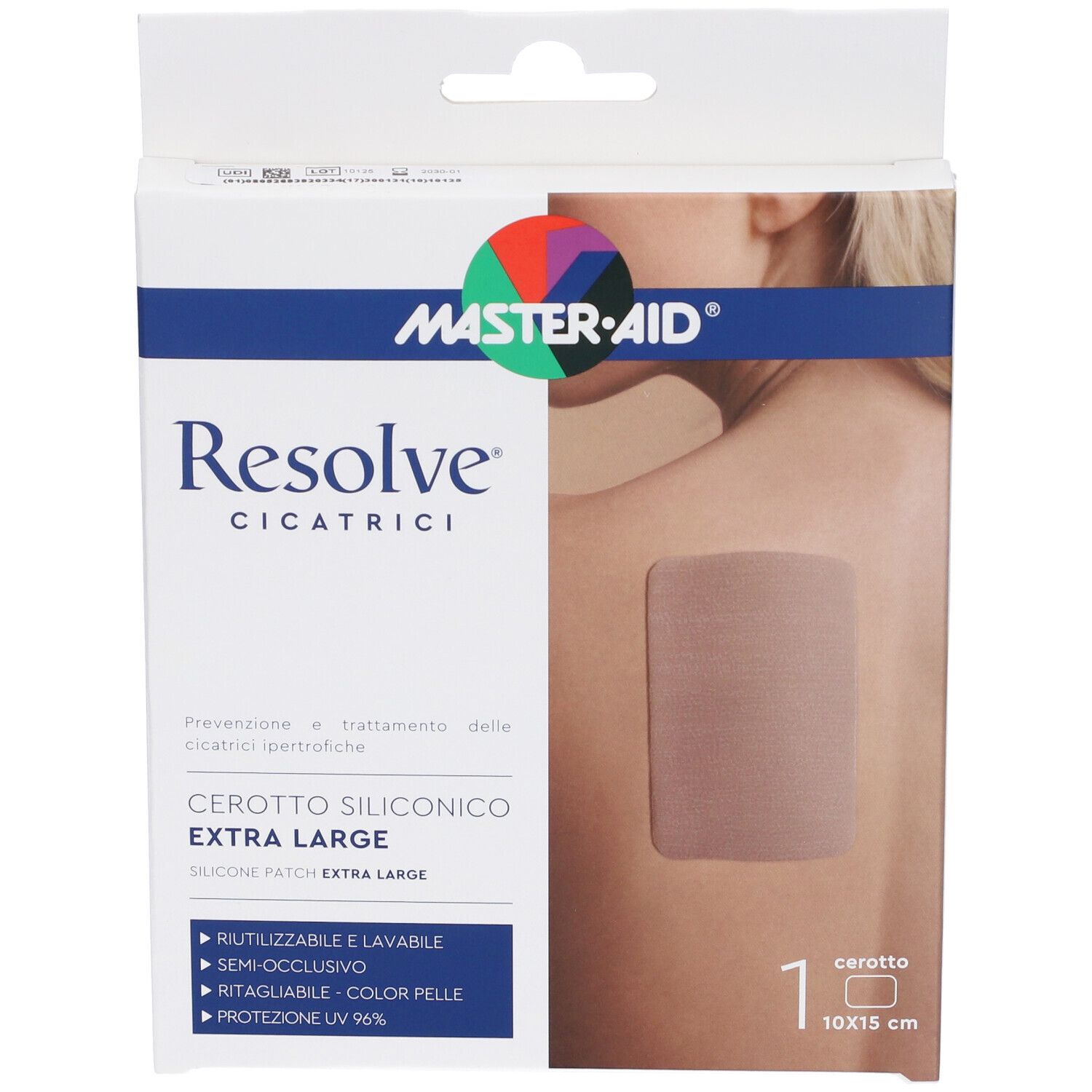 Confezione di Master-Aid Resolve, cerotto siliconico extra large. Un cerotto è applicato sulla pelle. 10x15 cm.