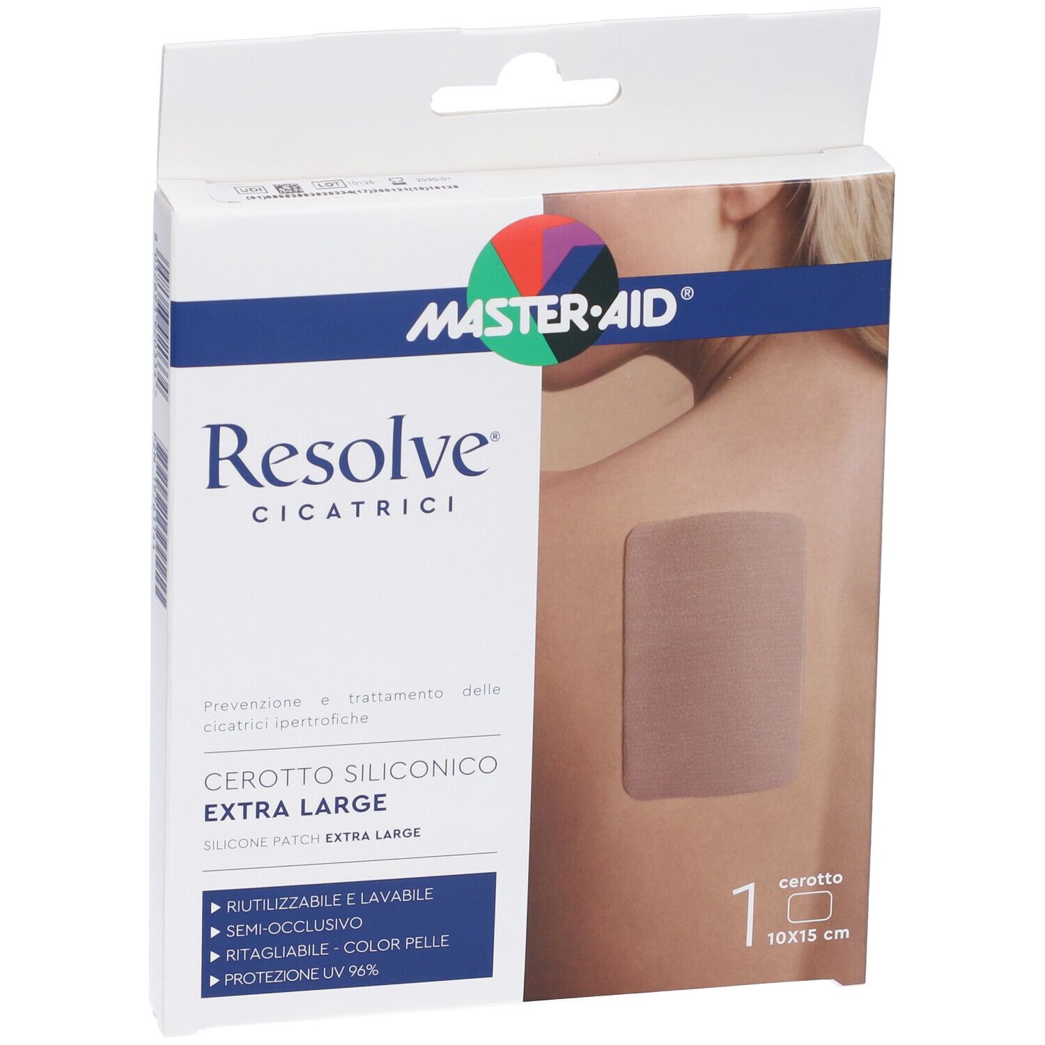 Confezione di Master-Aid Resolve, cerotto siliconico extra large. Un cerotto è applicato sulla pelle. 10x15 cm.