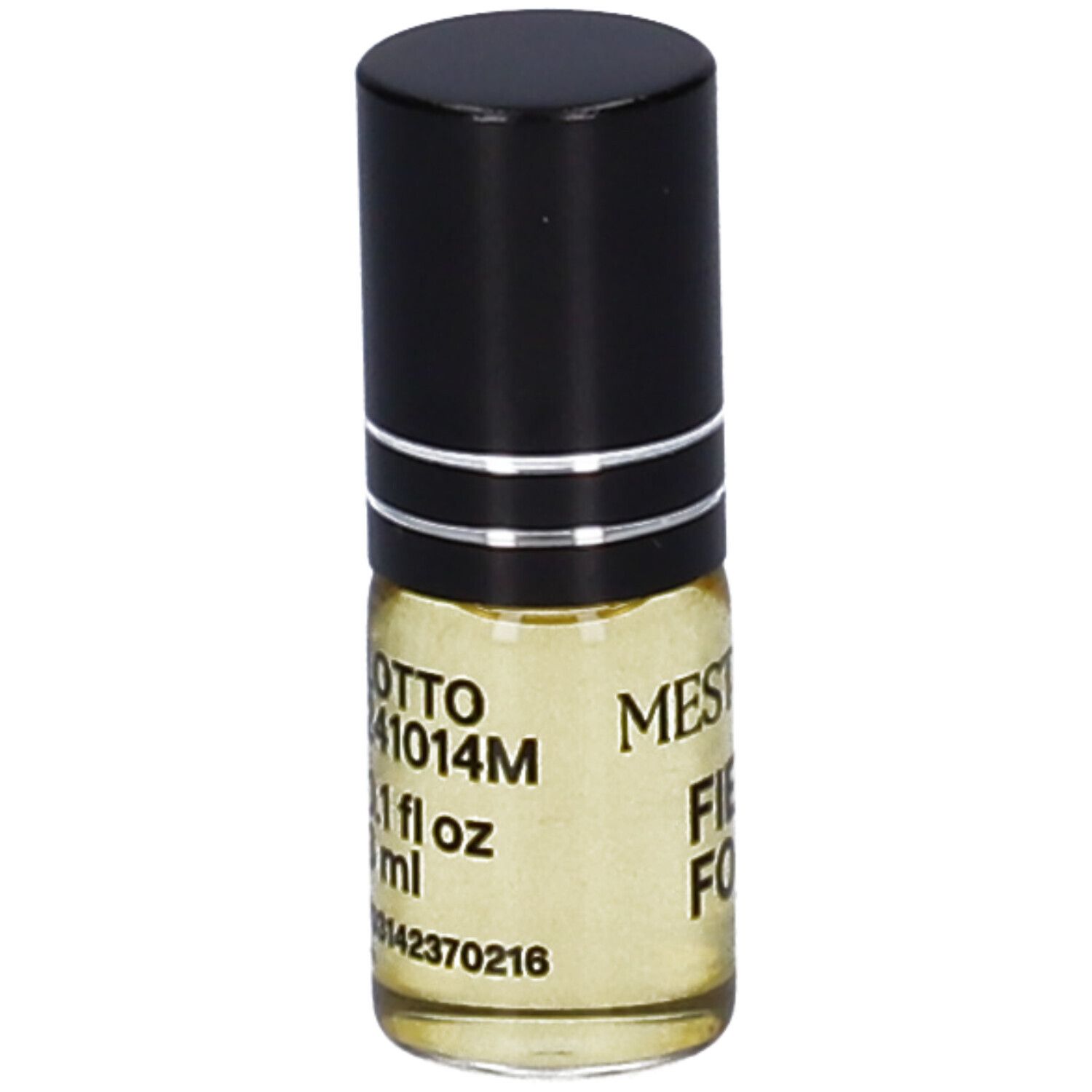 Piccolo flacone cilindrico con tappo nero. Scritta: FIERCE FOCUS. Etichetta con testo. Liquido giallastro.