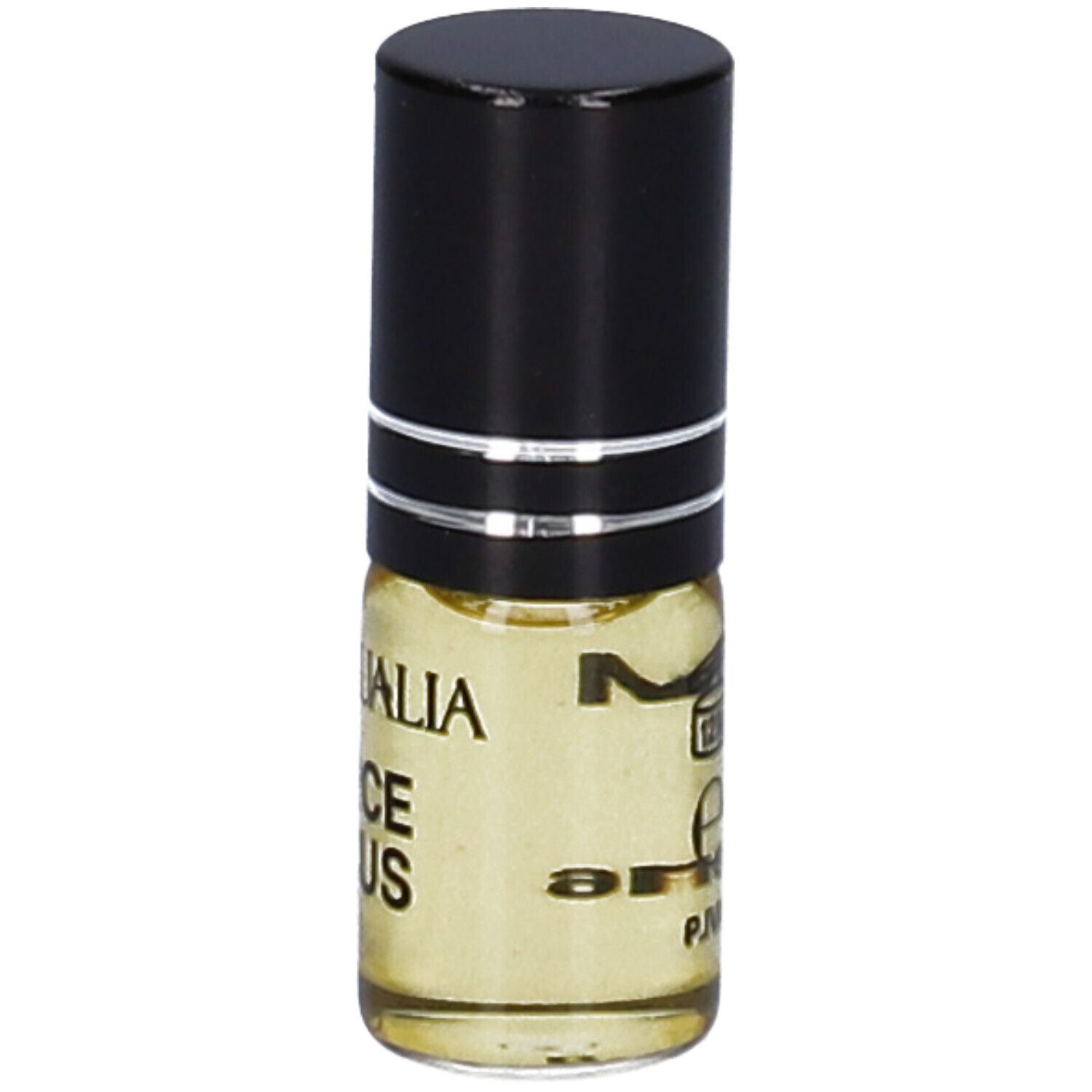 Piccolo flacone cilindrico con tappo nero. Scritta: FIERCE FOCUS. Liquido giallastro.