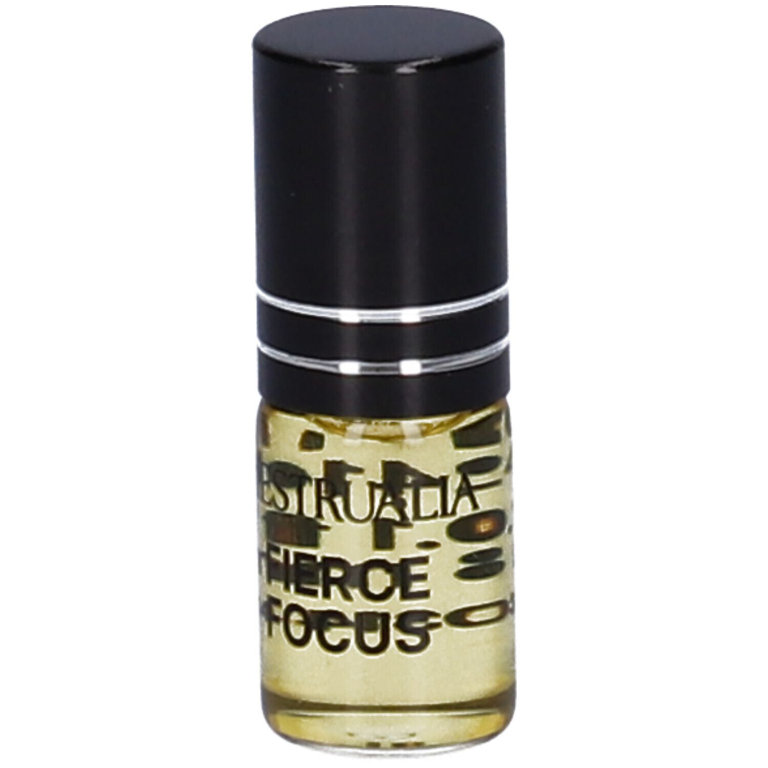 Piccolo flacone cilindrico con tappo nero. Scritta: FIERCE FOCUS. Liquido giallastro.