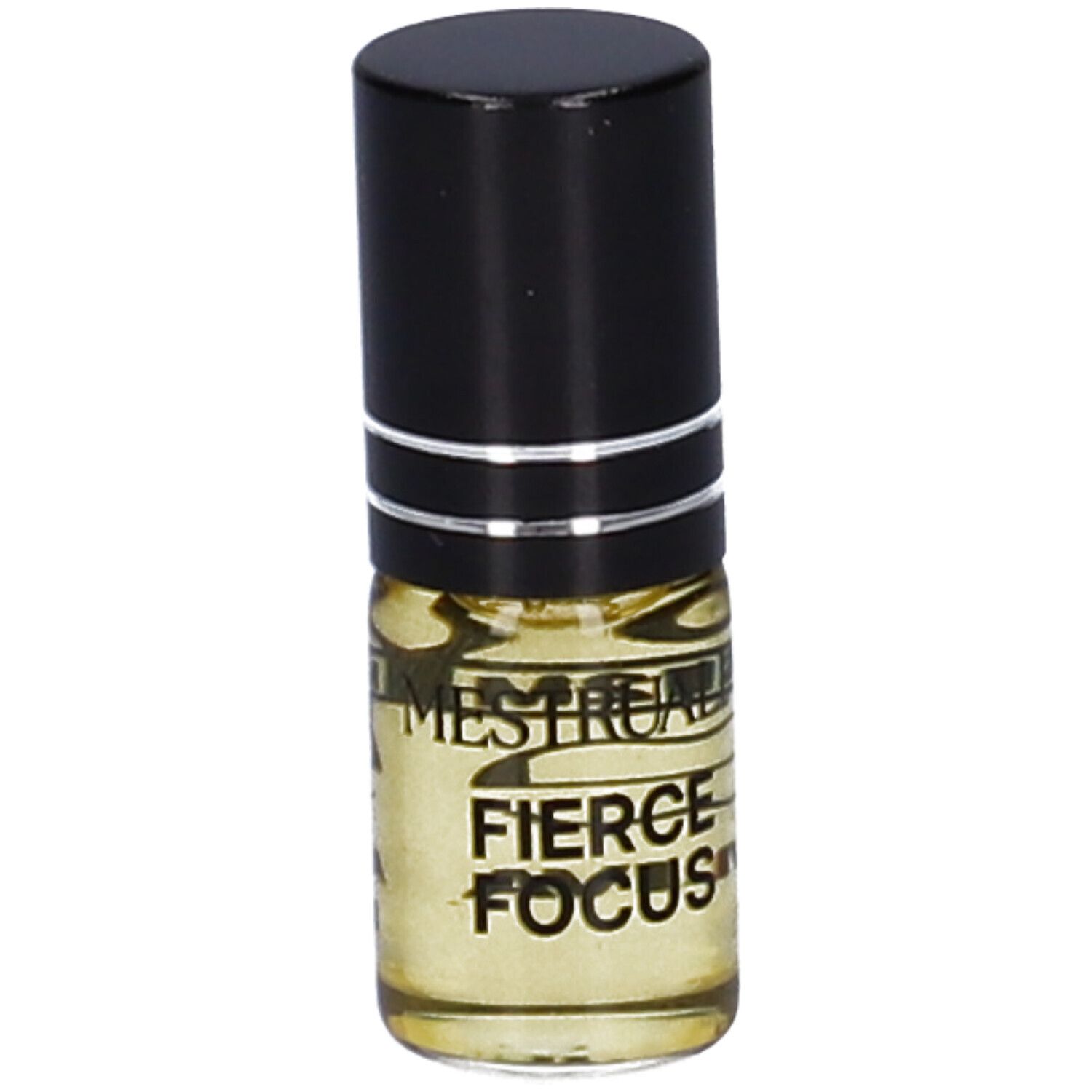 Piccolo flacone cilindrico con tappo nero. Scritta: FIERCE FOCUS. Liquido giallastro.