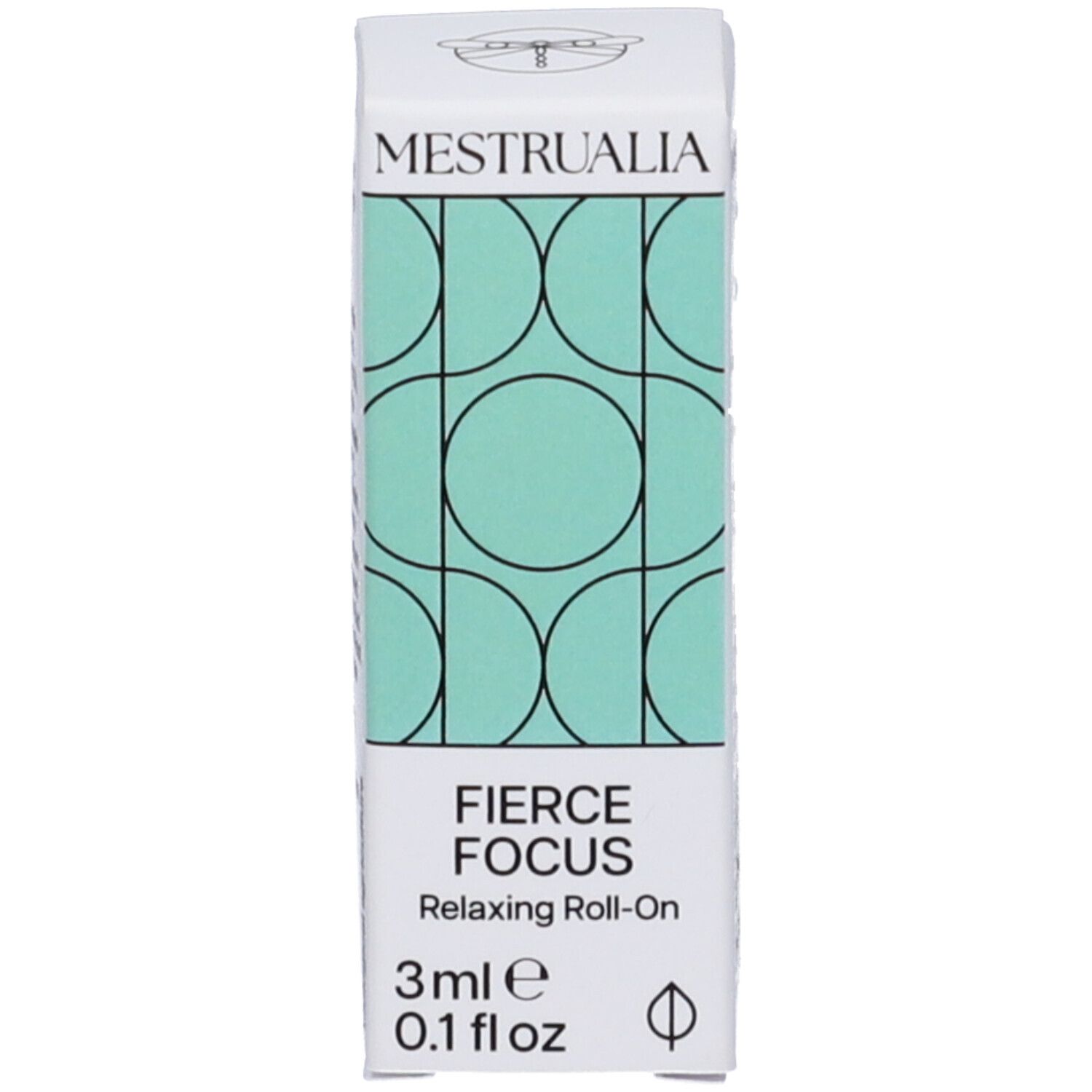 Confezione di un prodotto. Bianca con motivo turchese. Scritta: FIERCE FOCUS Relaxing Roll-On.