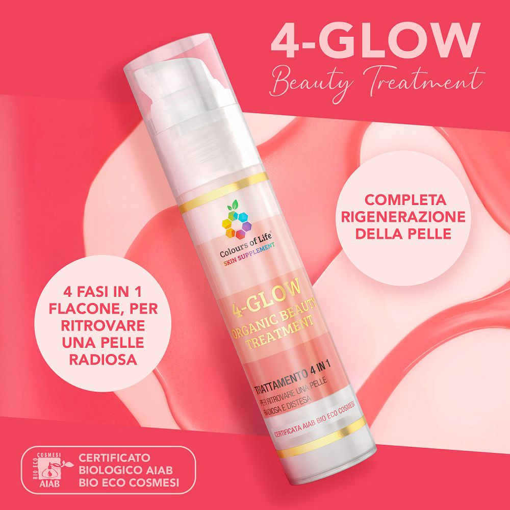 Flacone del trattamento di bellezza biologico 4-Glow Colours Of Life con certificato.