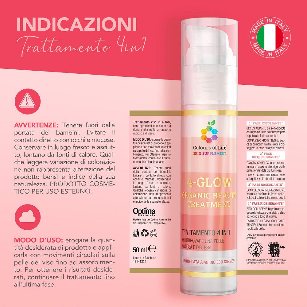 Flacone del trattamento di bellezza biologico 4-Glow Colours Of Life, Made in Italy.