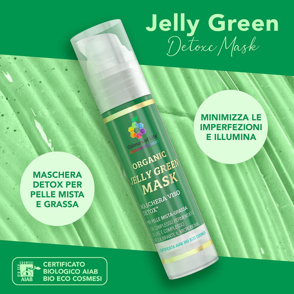 Flacone della "Colours Of Life Organic Jelly Green Mask" su sfondo verde.