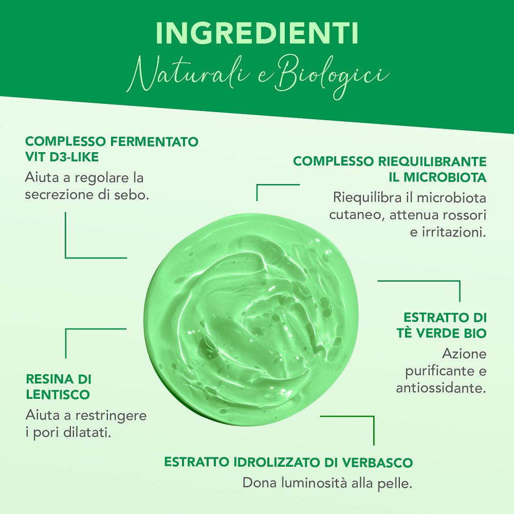 Maschera gel verde con etichette degli ingredienti.