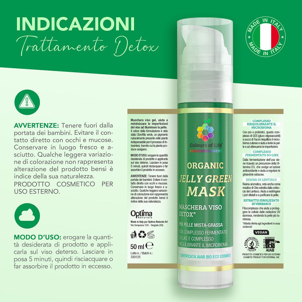 Flacone della "Colours Of Life Organic Jelly Green Mask" con avvertenze.