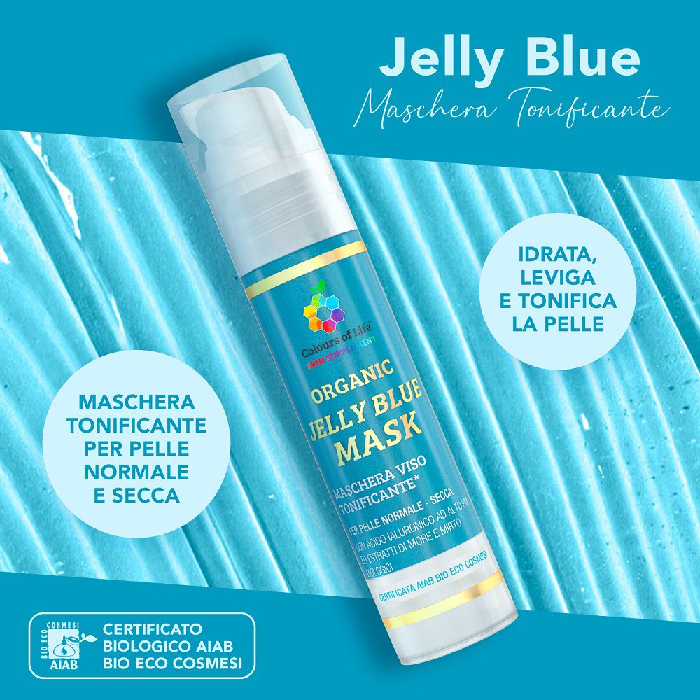 Flacone Colours of Life Organic Jelly Blue Mask su sfondo blu.