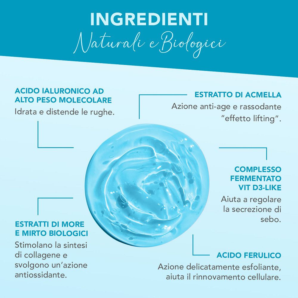 Gel blu con etichette degli ingredienti, tra cui l'acido ialuronico.