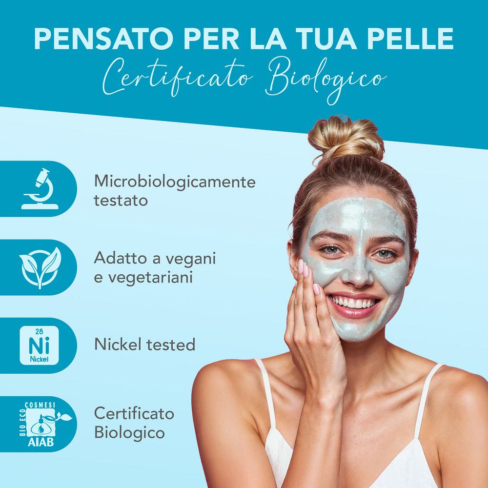Donna con maschera facciale, con icone per biologico e testato al nichel.