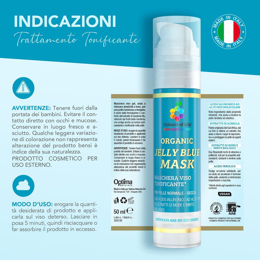 Flacone Colours of Life Organic Jelly Blue Mask con avvertenze.