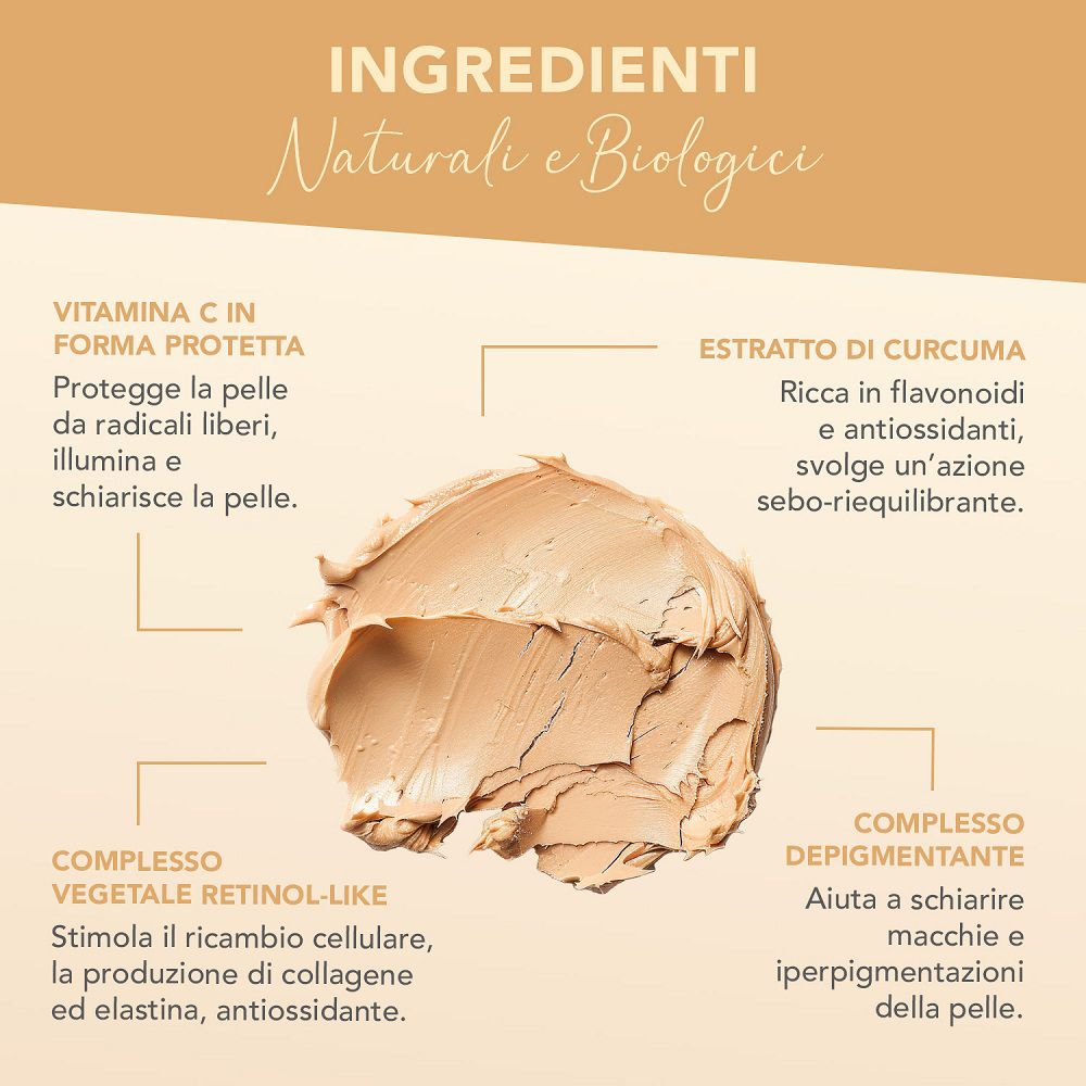 Texture cremosa della maschera all'argilla dorata con indicazioni sugli ingredienti.