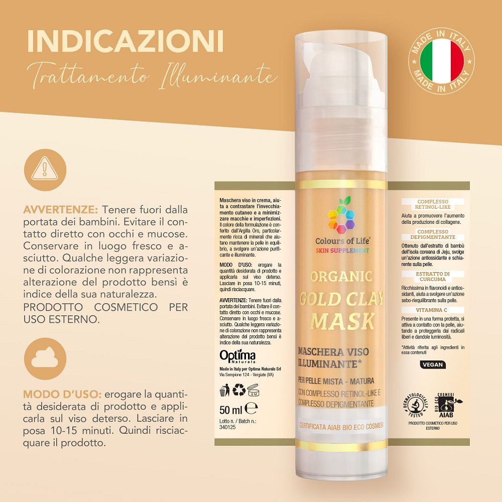Maschera all'argilla dorata in flacone con dispenser e scatola. Made in Italy.