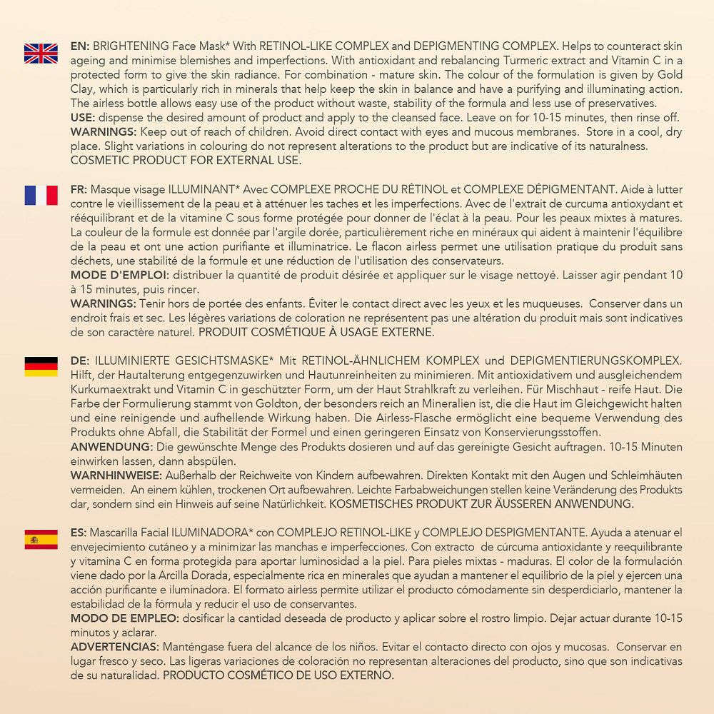 Informazioni sul prodotto della maschera all'argilla dorata in più lingue.