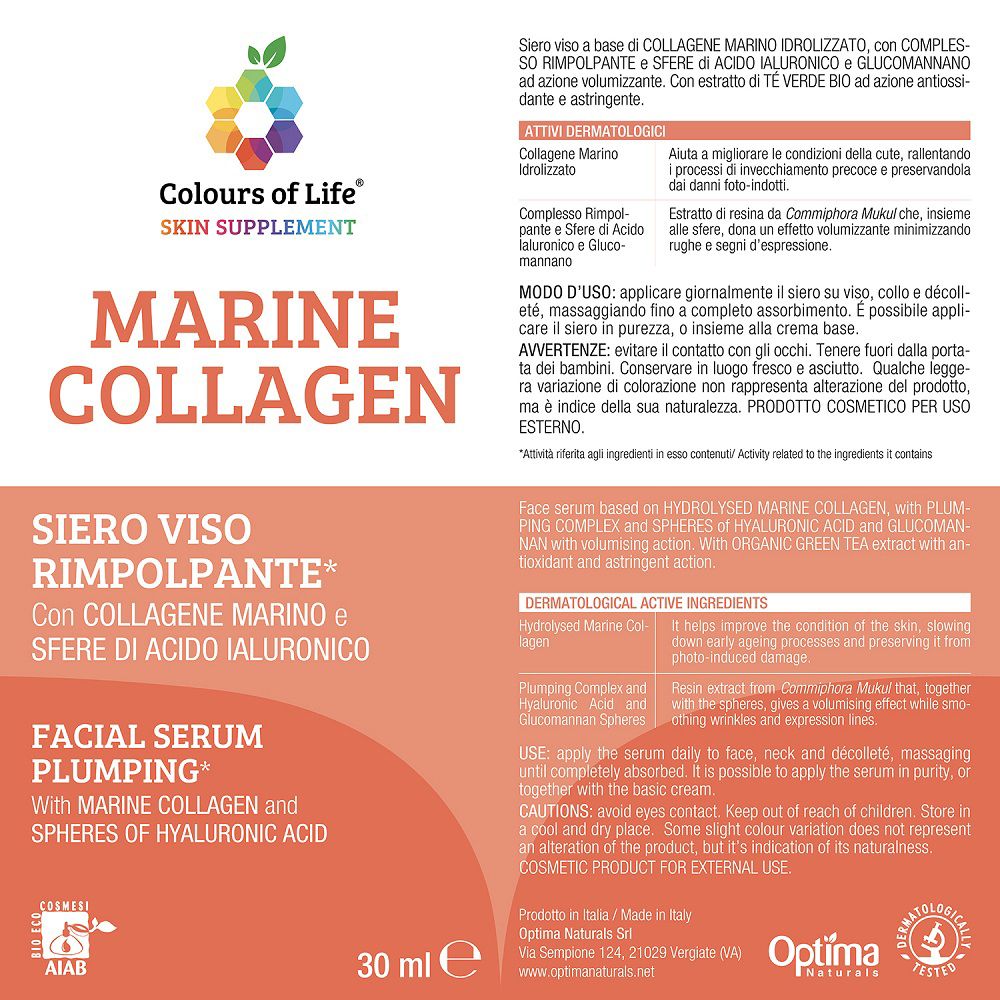 Retro della confezione del siero viso Colours of Life Marine Collagen con informazioni sul prodotto.