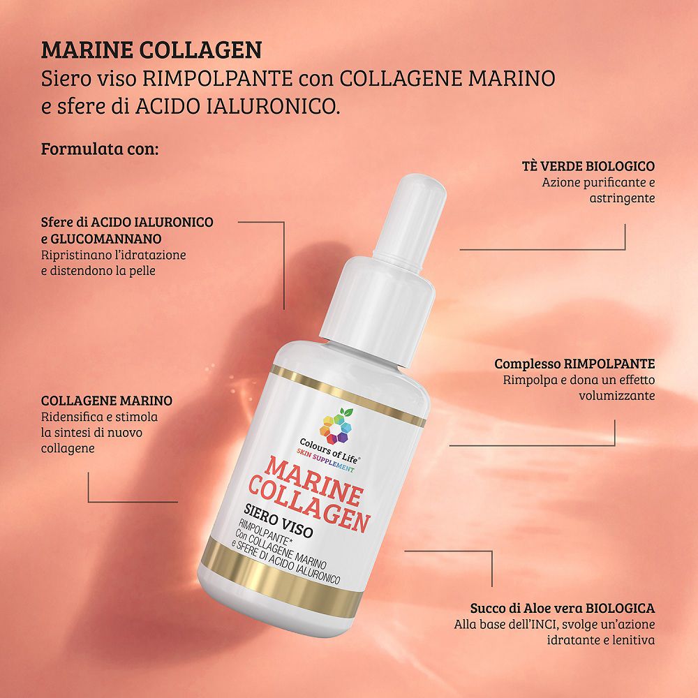 Flacone del siero viso Colours of Life Marine Collagen con ingredienti evidenziati.