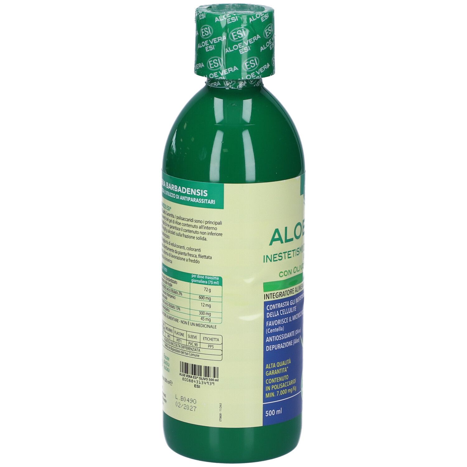 Retro della bottiglia verde ESI Aloe Vera. Testo e informazioni nutrizionali. 500 ml.