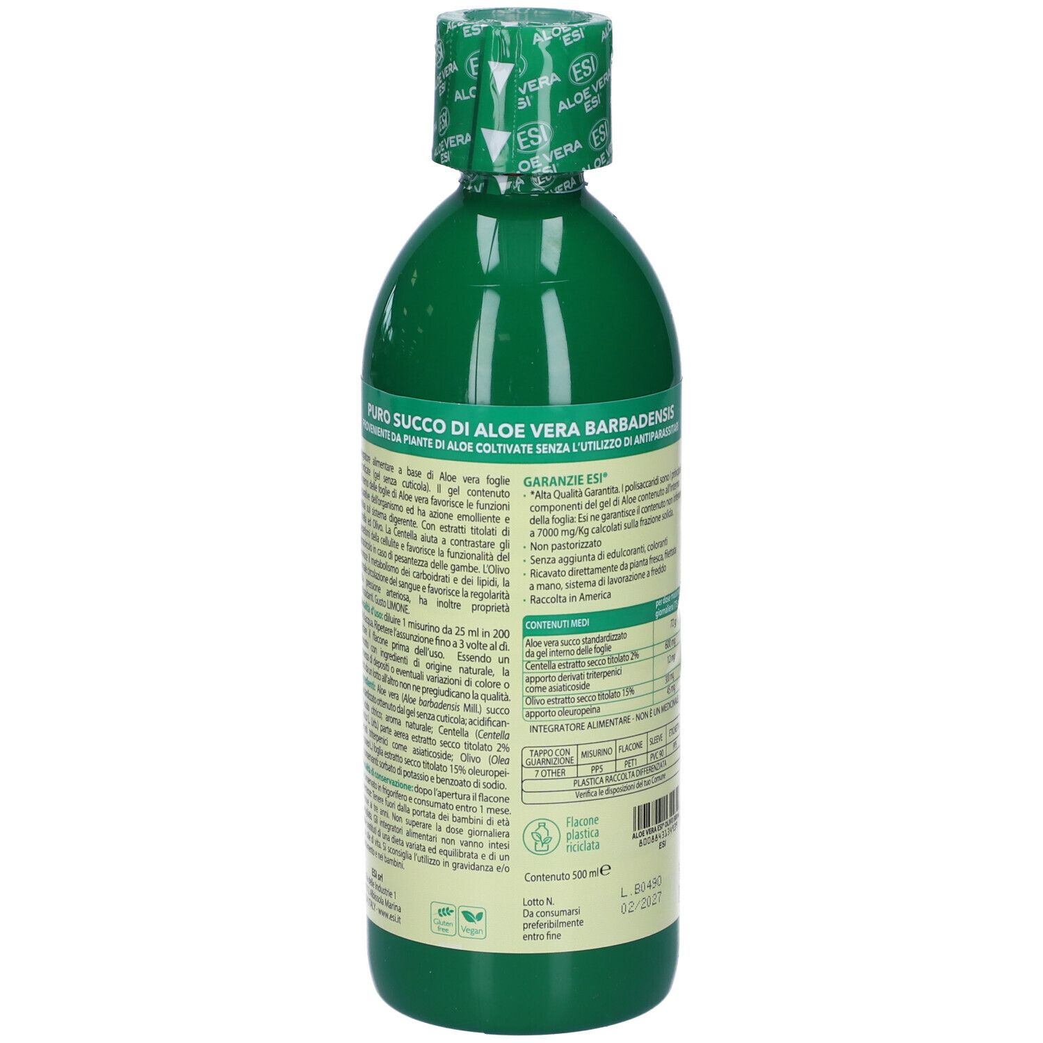 Retro della bottiglia verde ESI Aloe Vera. Testo: Puro succo di Aloe Vera Barbadensis. 500 ml.