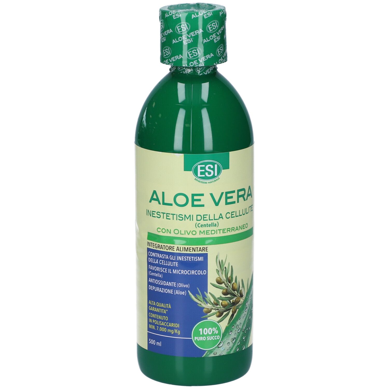 Bottiglia verde ESI Aloe Vera. Testo: Inestetismi della Cellulite, illustrazione di un ramo d'ulivo. 100% puro succo. 500 ml.
