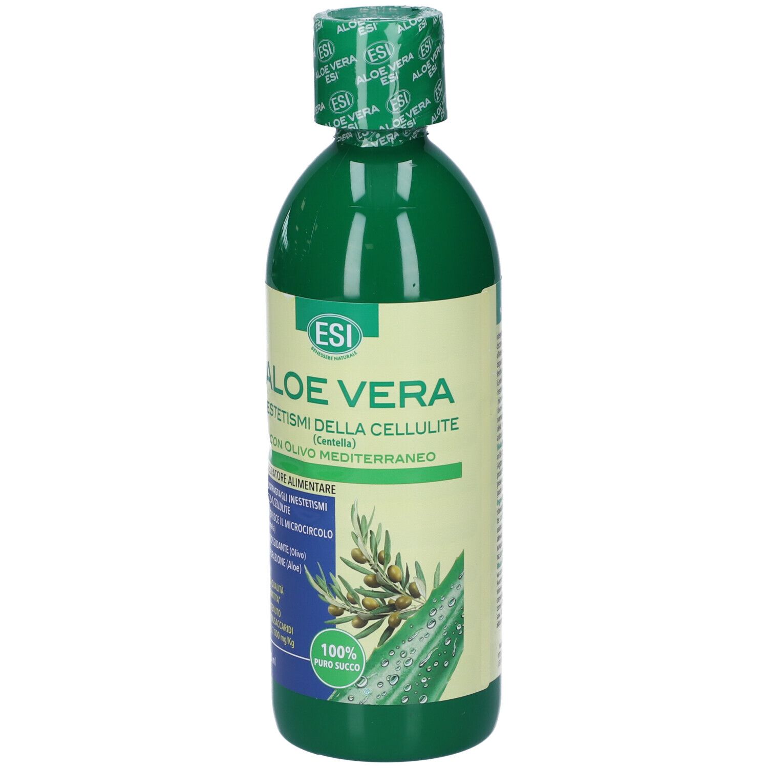 Bottiglia verde ESI Aloe Vera. Testo: Inestetismi della Cellulite, illustrazione di un ramo d'ulivo. 100% puro succo. 500 ml.