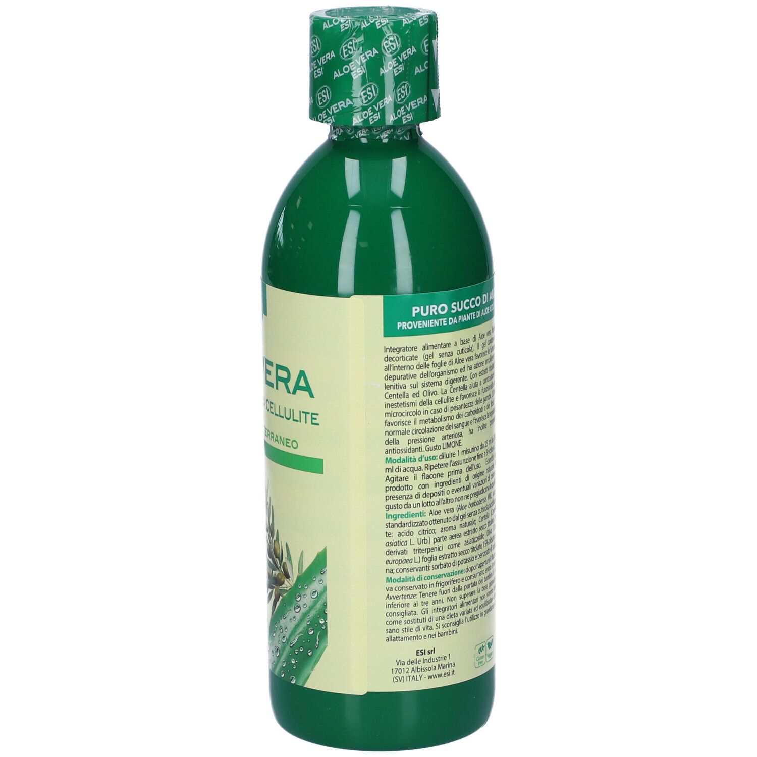 Retro della bottiglia verde ESI Aloe Vera. Testo: Puro succo di Aloe Vera. 500 ml.
