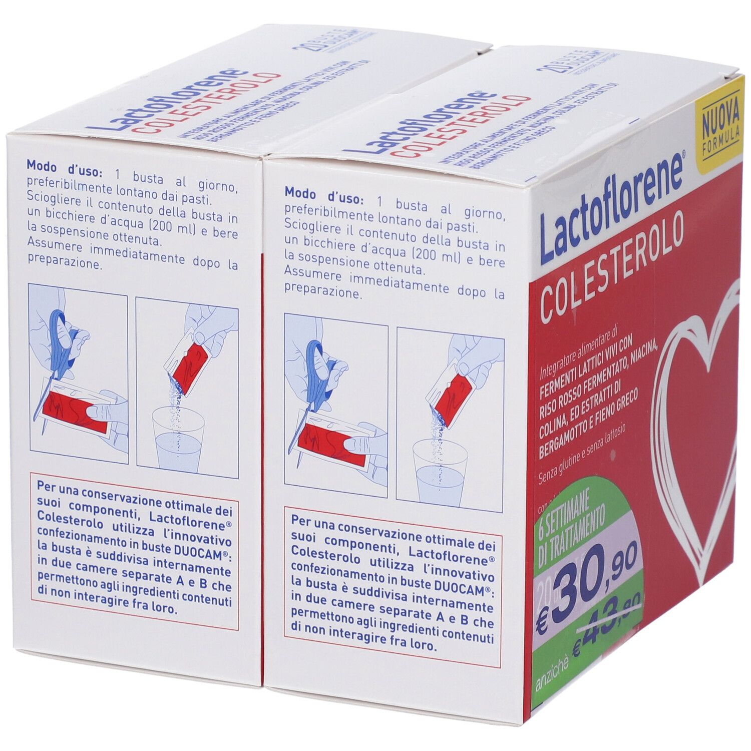 Due confezioni di Lactoflorene Colesterolo. Istruzioni di preparazione stampate. Contiene 20 bustine.