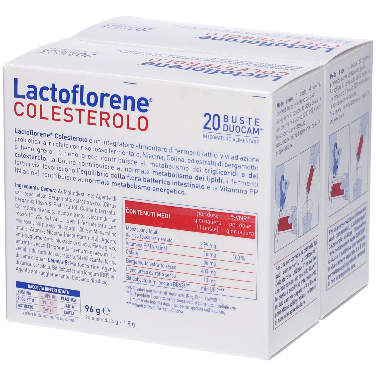 Confezione di Lactoflorene Colesterolo. Contiene 20 bustine. Informazioni sul prodotto e valori nutrizionali stampati.