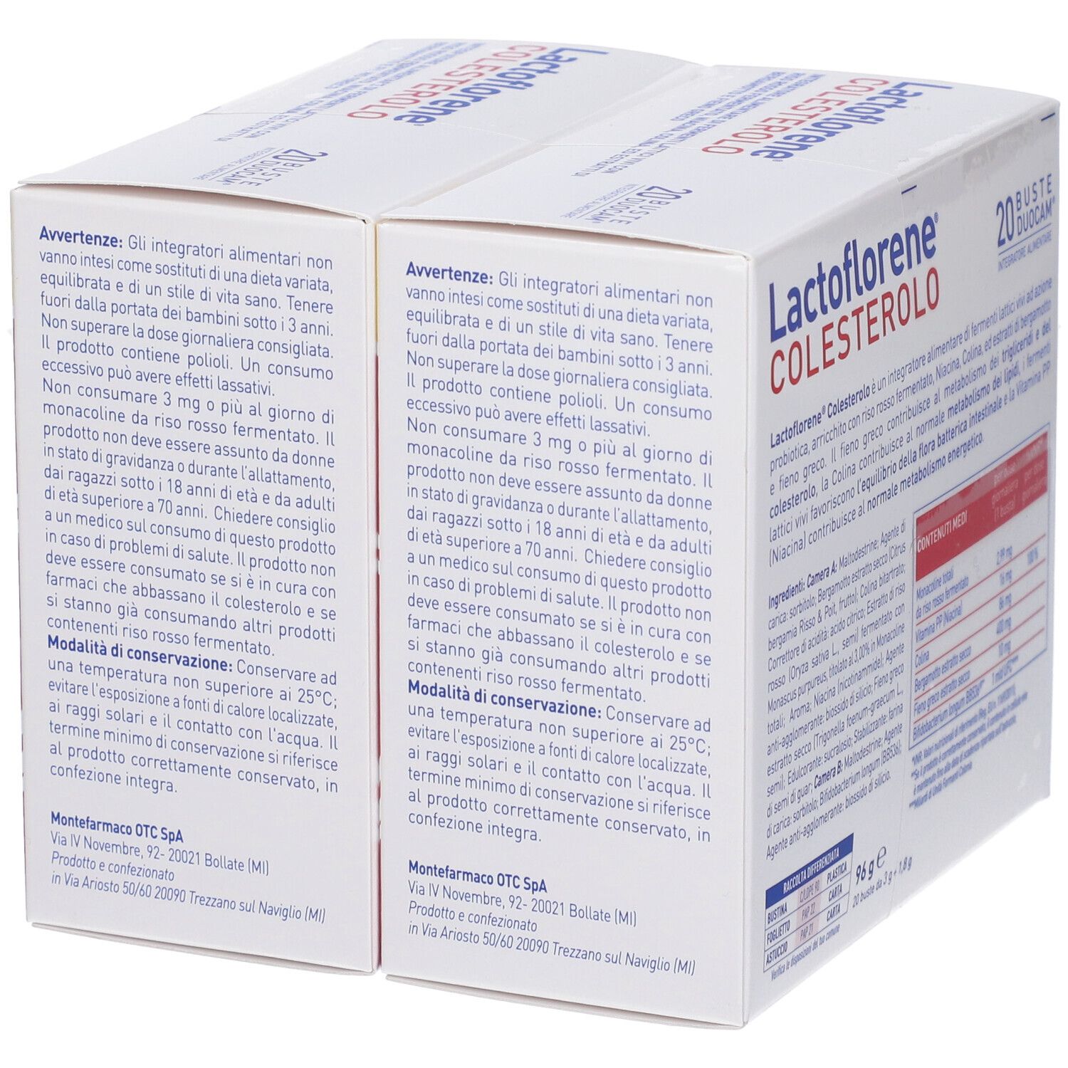 Due confezioni di Lactoflorene Colesterolo. Retro con avvertenze e informazioni del produttore.