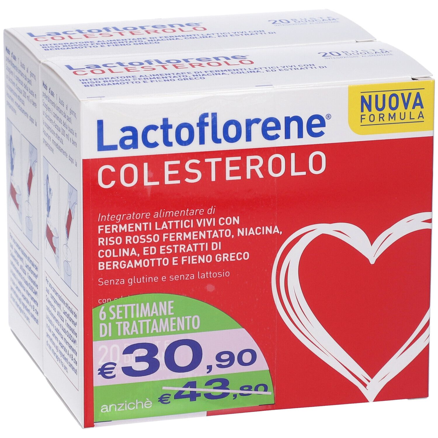 Due confezioni di Lactoflorene Colesterolo. Scatola rossa e bianca con nome e prezzo del prodotto. Contiene 20 bustine.