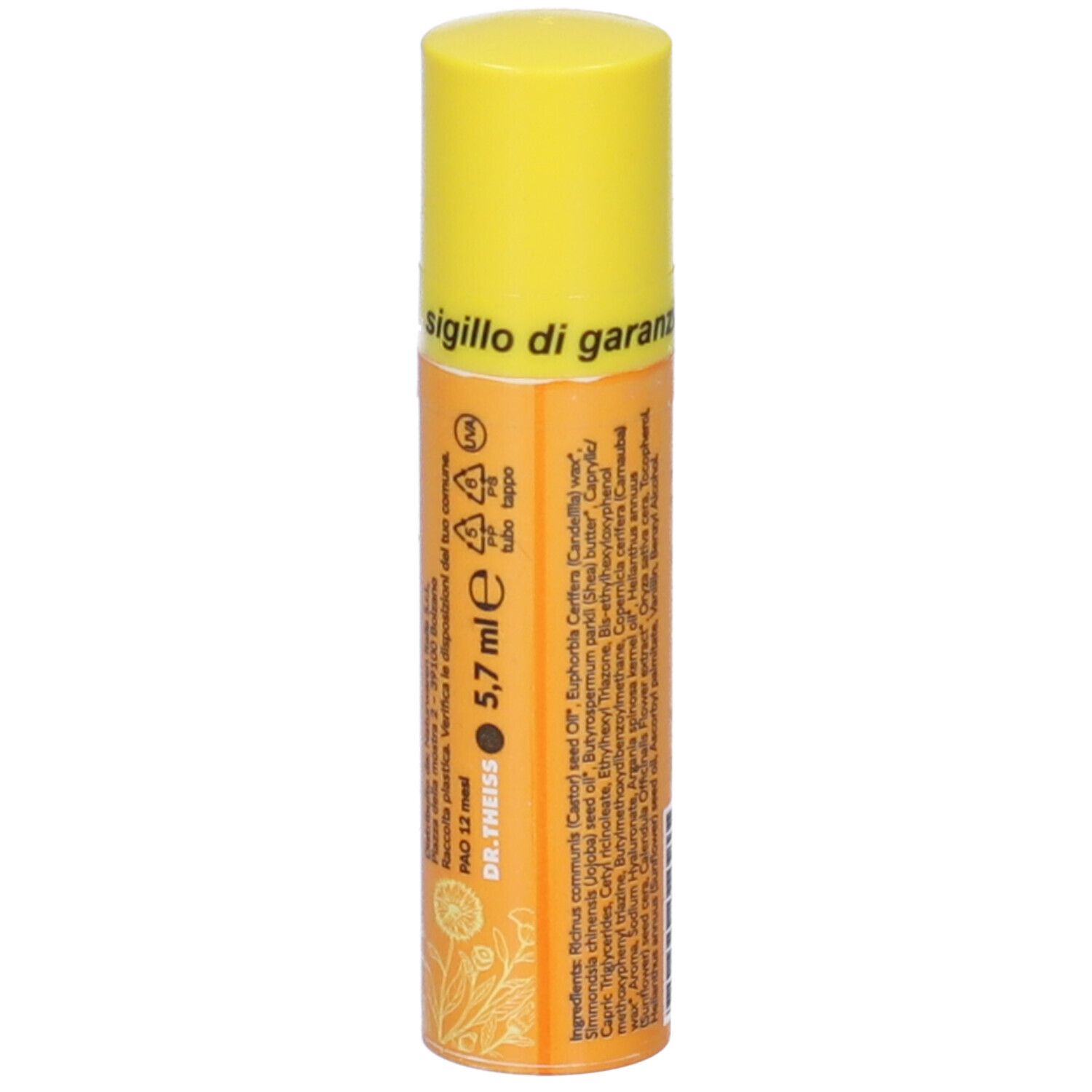 Stick balsamo labbra con tappo giallo. Scritta: Sigillo di garanzia. Contiene 5,7 ml. Ingredienti e informazioni produttore.