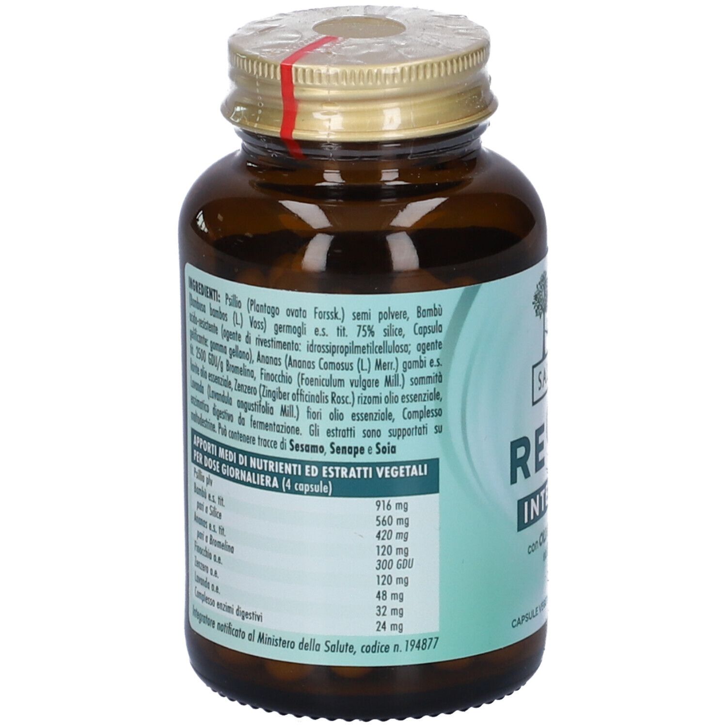 Flacone di vetro marrone con etichetta. Testo: ingredienti, informazioni nutrizionali. Striscia rossa sul tappo.