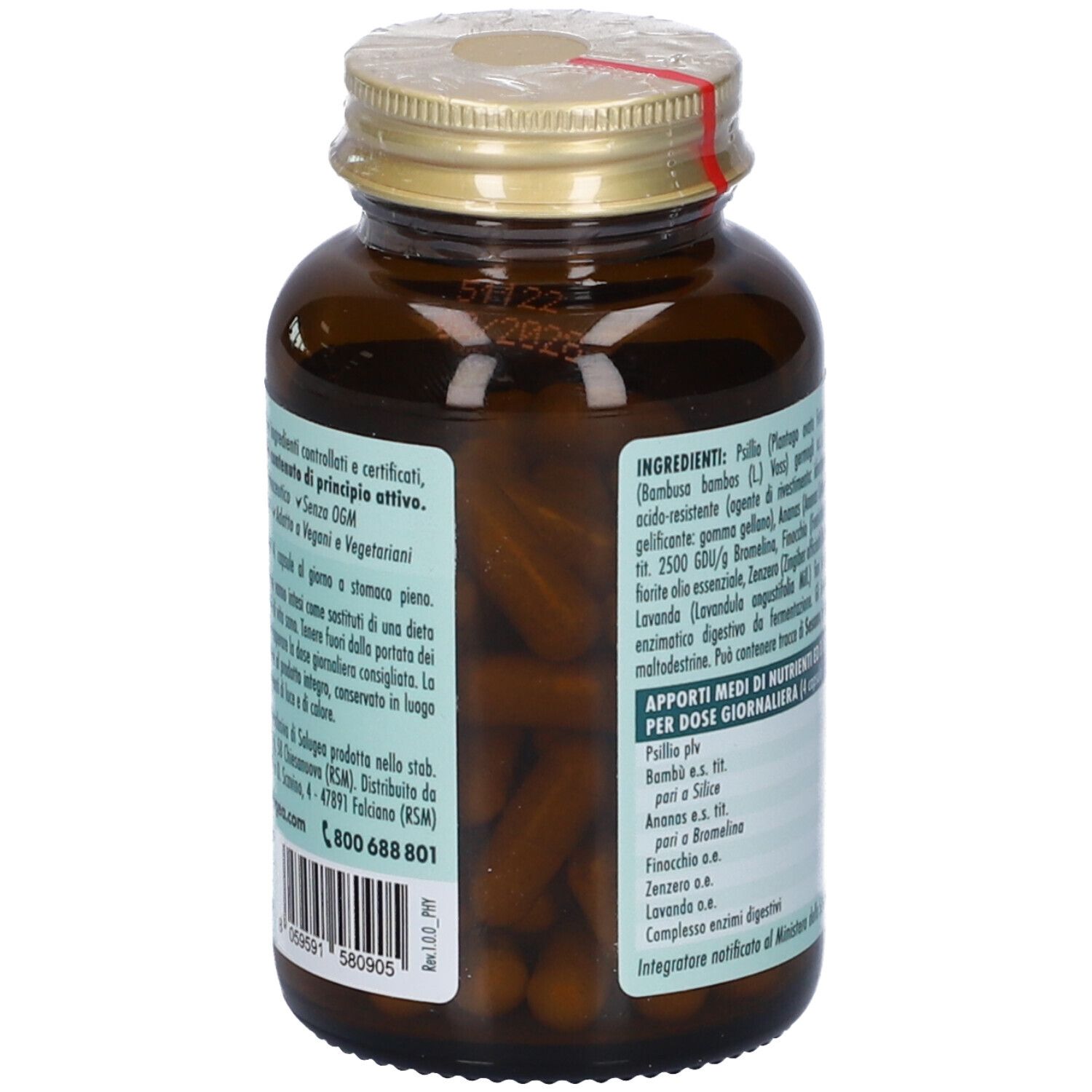 Flacone di vetro marrone con capsule. Etichetta con testo e ingredienti. Capsule visibili.