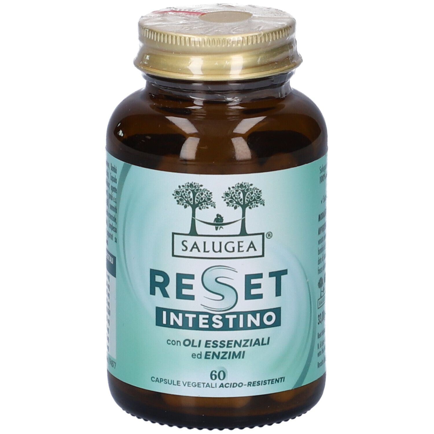 Flacone di vetro marrone con tappo dorato. Scritta: Salugea Reset Intestino. Contiene 60 capsule.