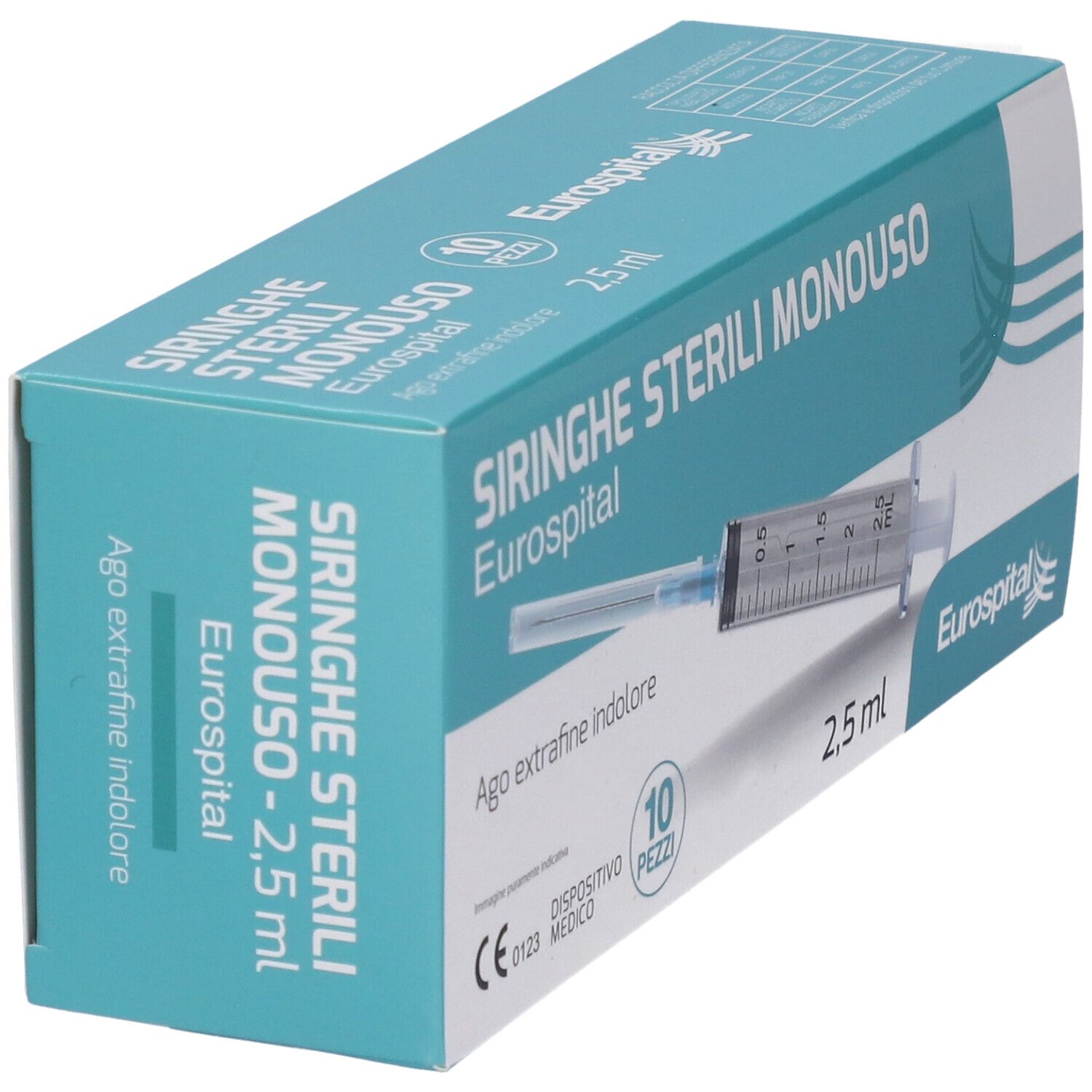Scatola Eurospital siringhe sterili monouso. Scritta: Siringhe Sterili Monouso, 2,5 ml. Nome prodotto e logo.