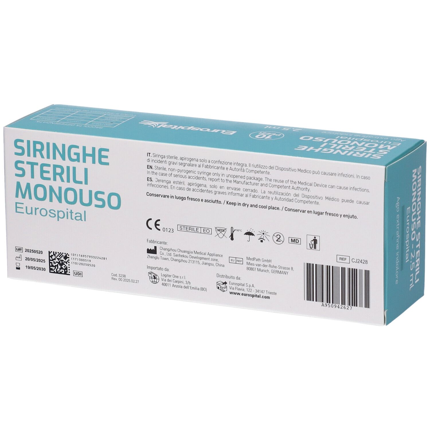 Retro della confezione Eurospital siringhe sterili. Testo e loghi. Marchio CE.
