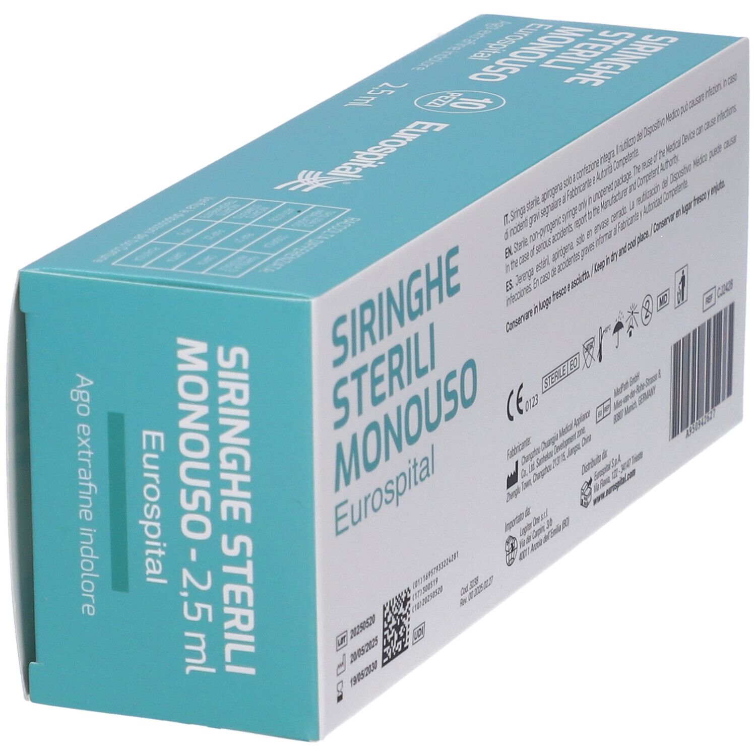 Scatola Eurospital siringhe sterili monouso. Scritta: Siringhe Sterili Monouso, 2,5 ml. Nome prodotto e logo.