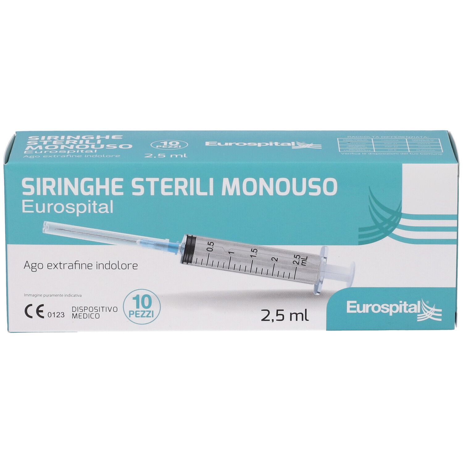 Confezione Eurospital siringhe sterili monouso. Scritta: Siringhe Sterili Monouso, 2,5 ml, 10 pezzi. Immagine siringa.