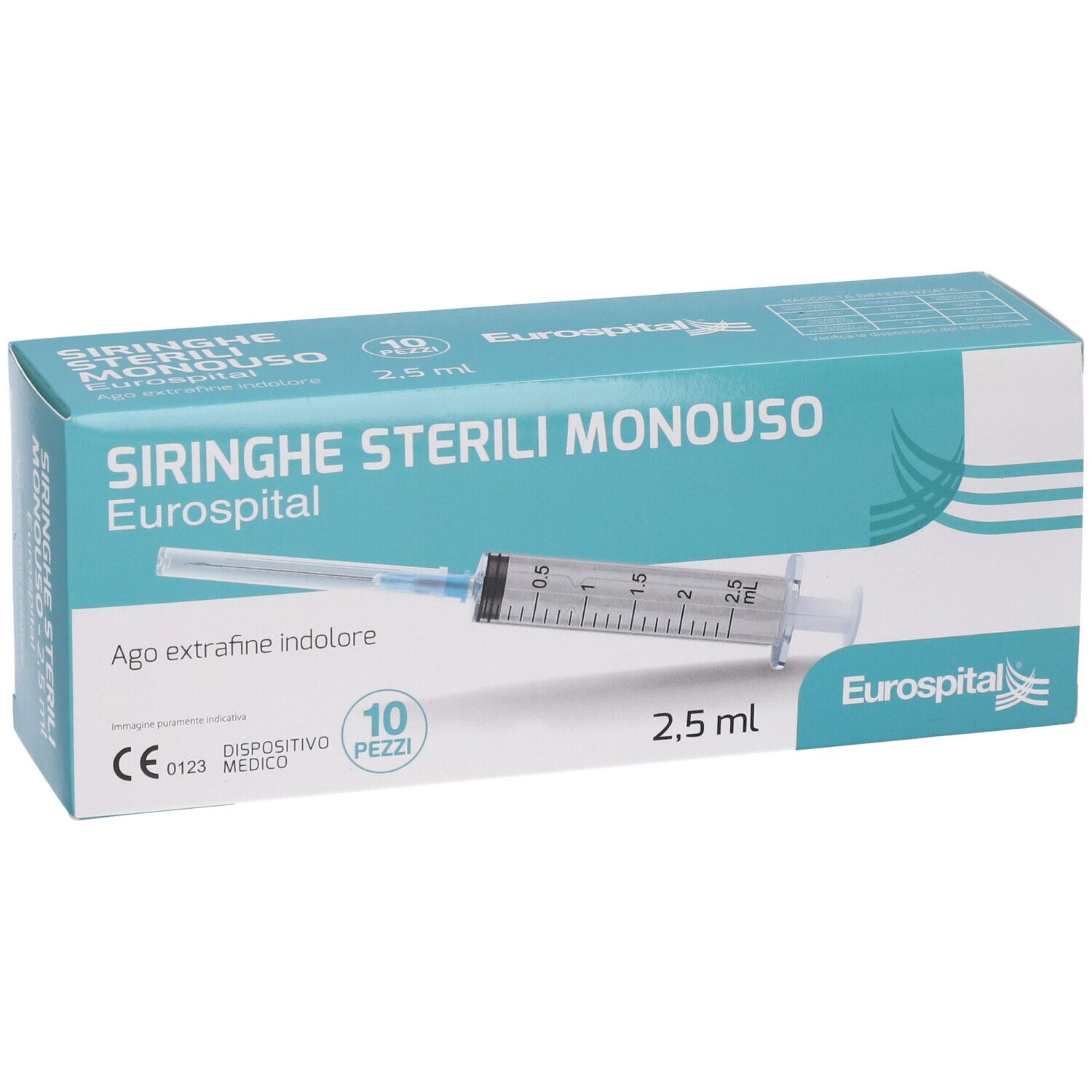 Confezione Eurospital siringhe sterili monouso. Scritta: Siringhe Sterili Monouso, 2,5 ml, 10 pezzi. Immagine siringa.