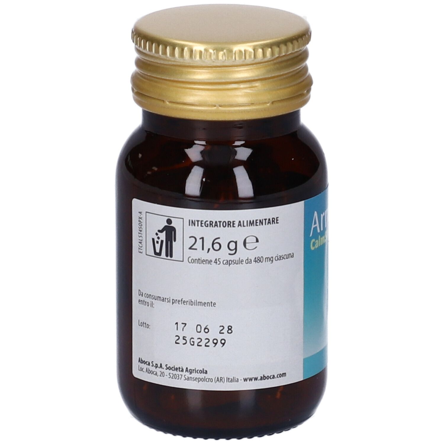 Flacone marrone con tappo dorato. Etichetta con informazioni prodotto. Peso: 21,6 g. Contiene 45 capsule.